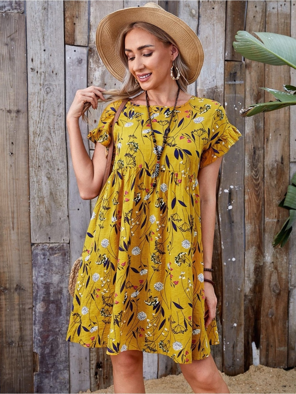 Emery Rose Yellow Floral Ruffle Short Sleeve Babydoll Dress Womens Size Medium